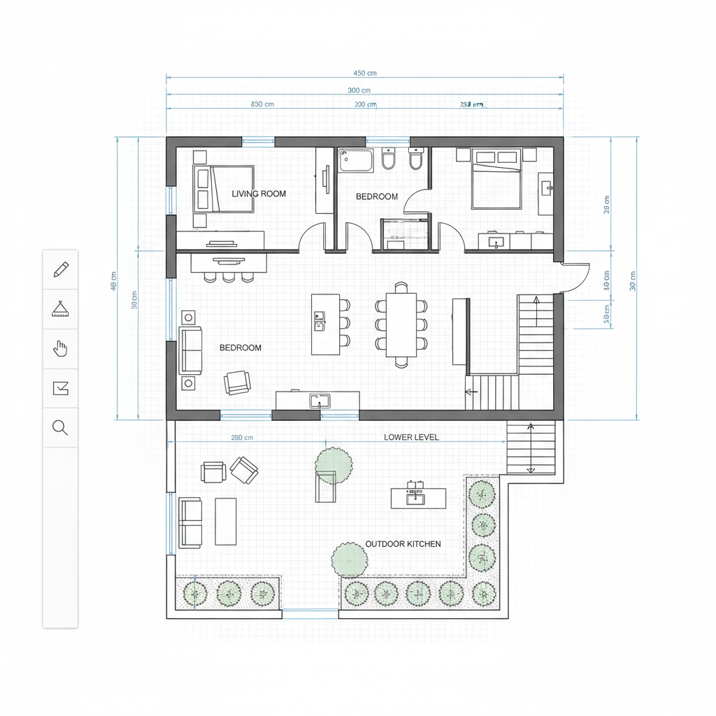 SpacePlanner editor showing a house floor plan connected to a lower garden level with stairs