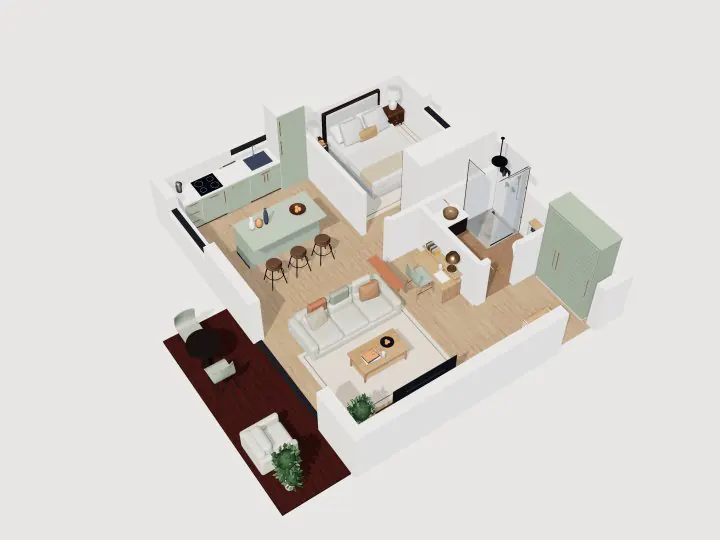 Apartemen 1 Kamar dengan Balkon: tampilan potongan 3D