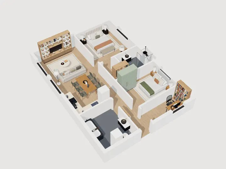 Apartemen Sudut 2 Kamar dengan Kamar Mandi Dalam: tampilan potongan 3D