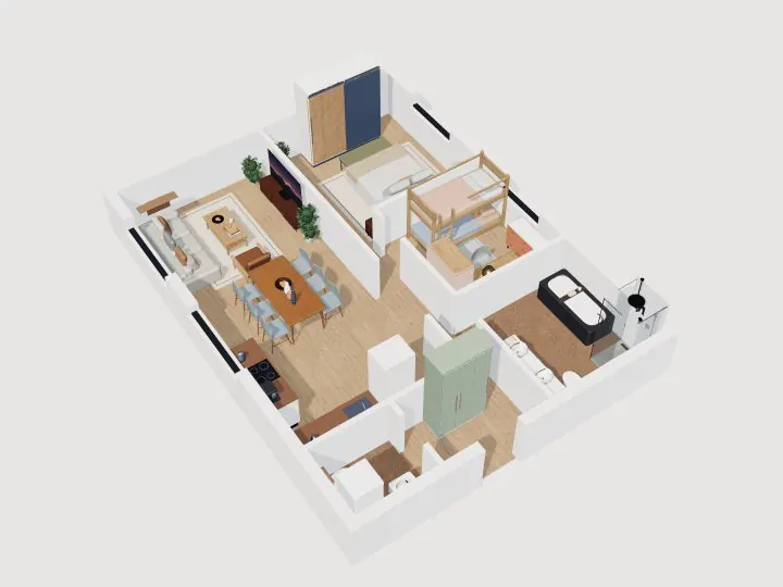 Family 2-Bedroom: 3D cutaway view