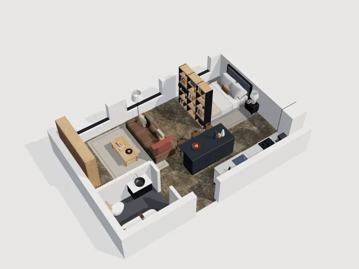 Studio Loft Industrial: tampilan potongan 3D