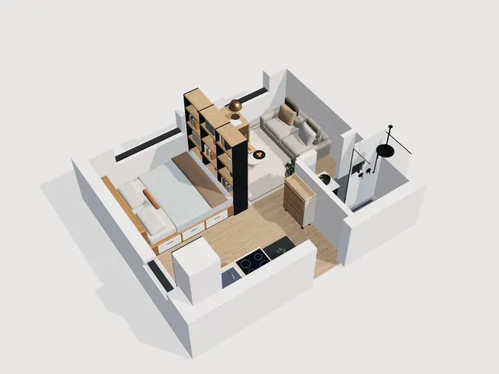 Japandi Micro Studio: 3D cutaway view
