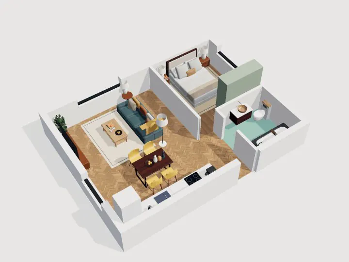 Apartemen 1 Kamar Mid-century: tampilan potongan 3D