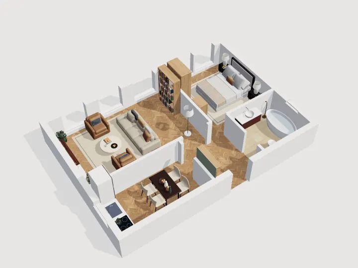 Apartemen 1 Kamar ala Paris: tampilan potongan 3D