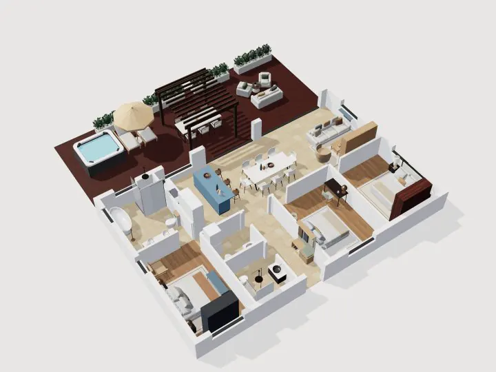 Penthouse 3 Kamar dengan Teras: tampilan potongan 3D