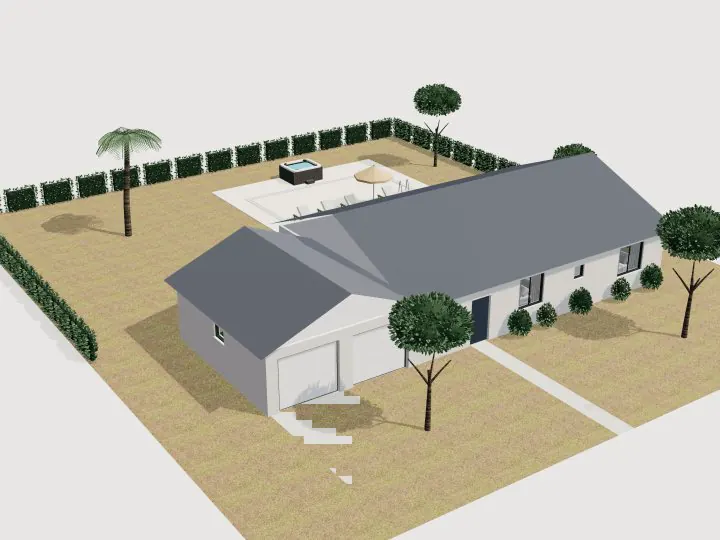 Rumah Ranch dengan Kolam Renang: tampilan 3D bagian luar
