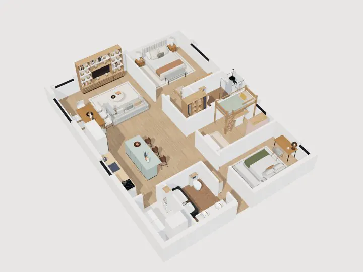 Scandinavian 3-Bedroom: 3D cutaway view