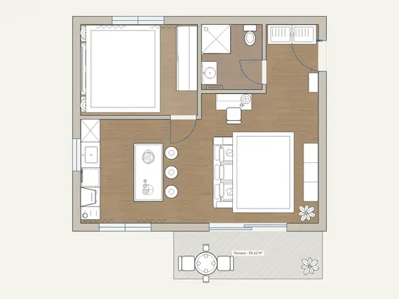 Balcony 1-Bedroom: 2D floor plan with furniture
