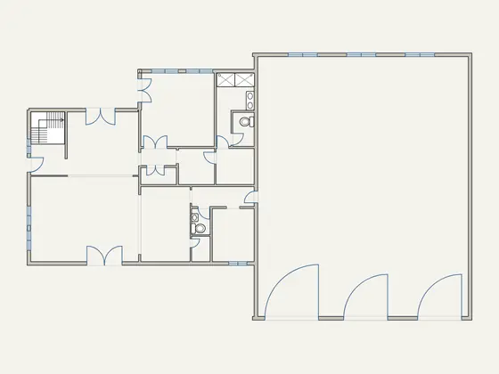 Barndominium / Rumah dengan Bengkel: denah berfurnitur