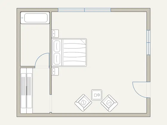 Suite Kamar Tidur: denah berfurnitur