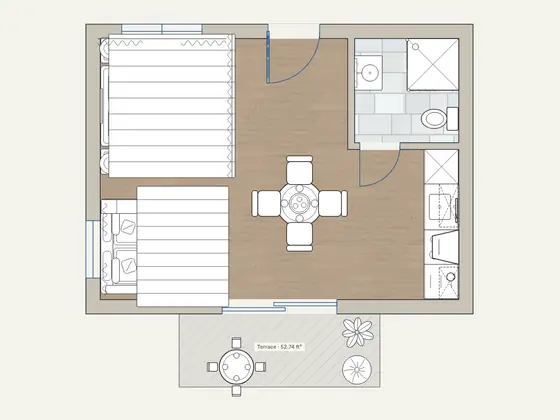 Coastal Studio: 2D floor plan with furniture