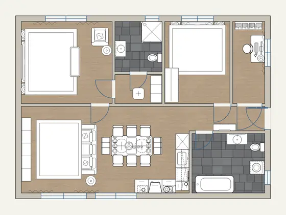 Corner 2-Bedroom with Ensuite: 2D floor plan with furniture