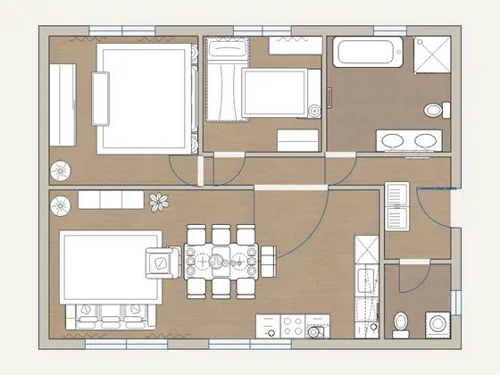 Family 2-Bedroom: 2D floor plan with furniture
