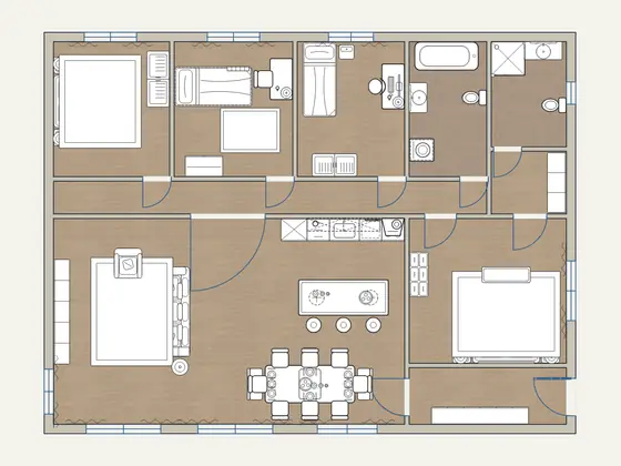 4-Bedroom Family Apartment: 2D floor plan with furniture
