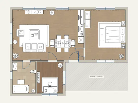 Apartemen Taman: denah berfurnitur