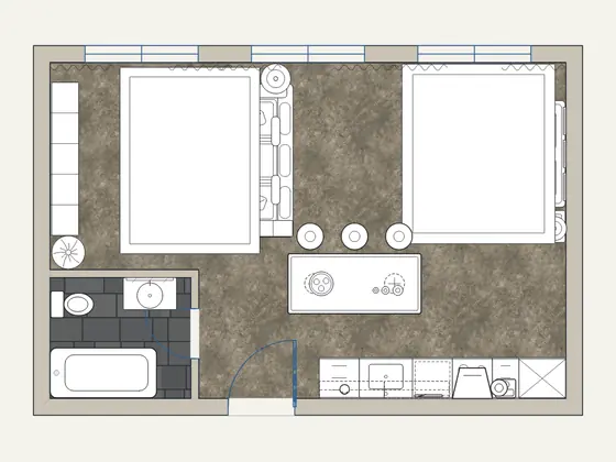 Industrial Loft Studio: 2D floor plan with furniture