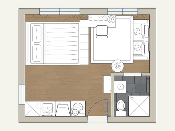 Japandi Micro Studio: 2D floor plan with furniture