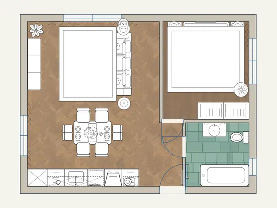 Mid-century 1-Bedroom: 2D floor plan with furniture