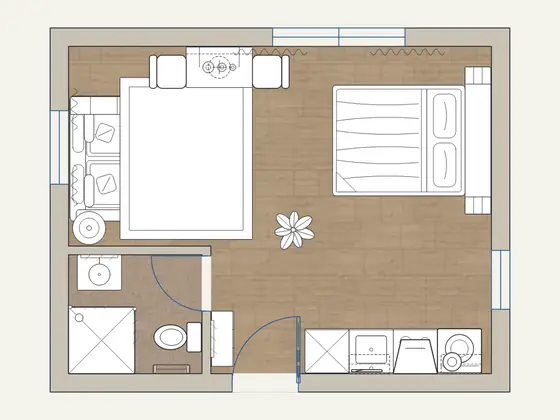 Murphy Bed Studio: 2D floor plan with furniture