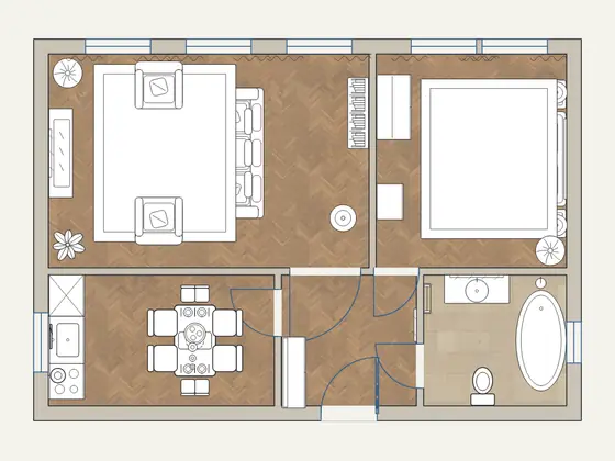 Parisian 1-Bedroom: 2D floor plan with furniture
