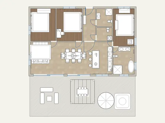 Penthouse 3-Bedroom with Terrace: 2D floor plan with furniture