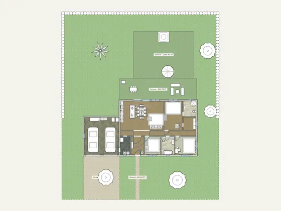 Ranch House with Pool: 2D floor plan with furniture