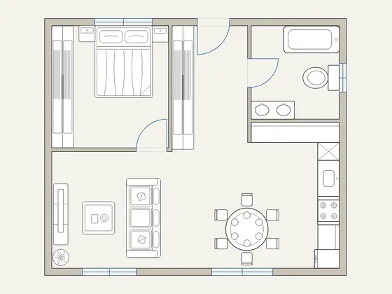 Apartemen Dua Kamar: denah berfurnitur
